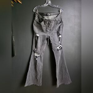 Black Washed Corset Lace Up Waist Distressed Flare Bootcut Jeans Sz 31